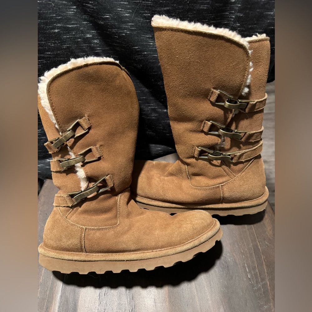 BearPaw Brown Suede Winter Boots with Buckle Accents